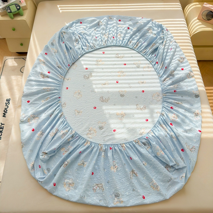 91家纺网 家纺一手货源 找家纺 梵朴 2026新款A类泡芙棉云感木棉邹邹纱双层纱床笠三件套 猫咪蓝