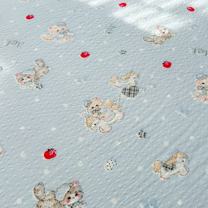 91家纺网 家纺一手货源 找家纺 梵朴 2026新款A类泡芙棉云感木棉邹邹纱双层纱床笠三件套 猫咪蓝