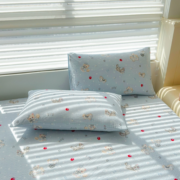 91家纺网 家纺一手货源 找家纺 梵朴 2026新款A类泡芙棉云感木棉邹邹纱双层纱床笠三件套 猫咪蓝