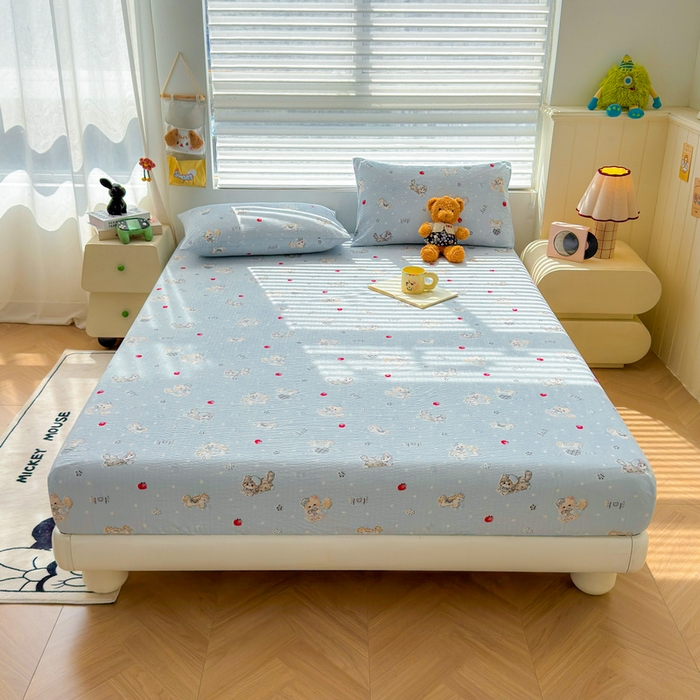 91家纺网 家纺一手货源 找家纺 梵朴 2026新款A类泡芙棉云感木棉邹邹纱双层纱床笠三件套 猫咪蓝