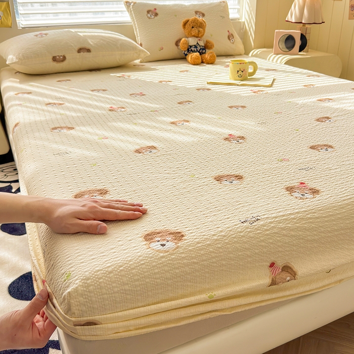 梵朴 2026新款A类泡芙棉云感木棉邹邹纱双层纱床笠三件套 萌宠