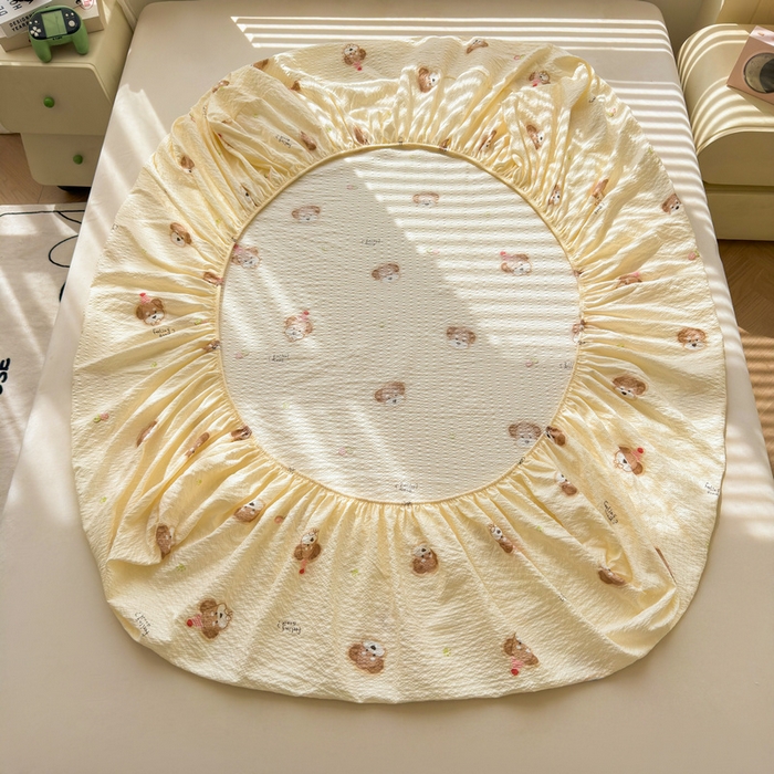 91家纺网 家纺一手货源 找家纺 梵朴 2026新款A类泡芙棉云感木棉邹邹纱双层纱床笠三件套 萌宠