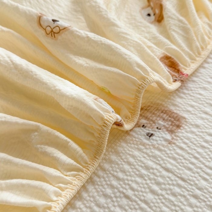 91家纺网 家纺一手货源 找家纺 梵朴 2026新款A类泡芙棉云感木棉邹邹纱双层纱床笠三件套 萌宠