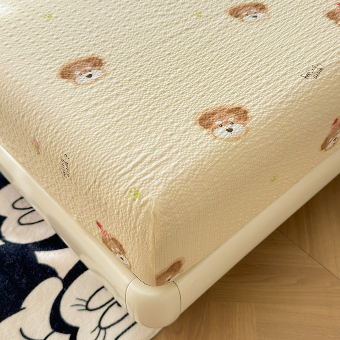 91家纺网 家纺一手货源 找家纺 梵朴 2026新款A类泡芙棉云感木棉邹邹纱双层纱床笠三件套 萌宠