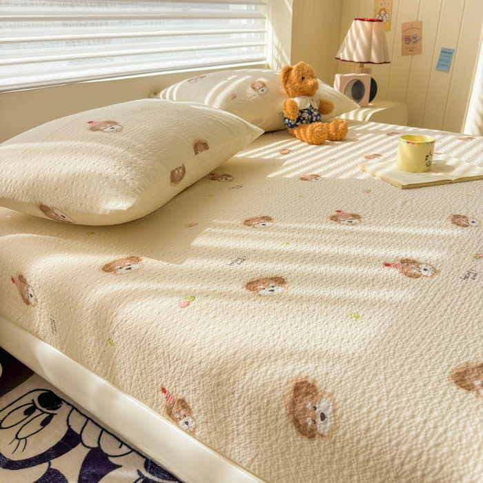 91家纺网 家纺一手货源 找家纺 梵朴 2026新款A类泡芙棉云感木棉邹邹纱双层纱床笠三件套 萌宠