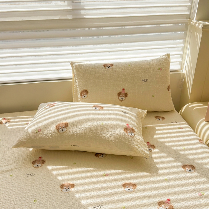 91家纺网 家纺一手货源 找家纺 梵朴 2026新款A类泡芙棉云感木棉邹邹纱双层纱床笠三件套 萌宠