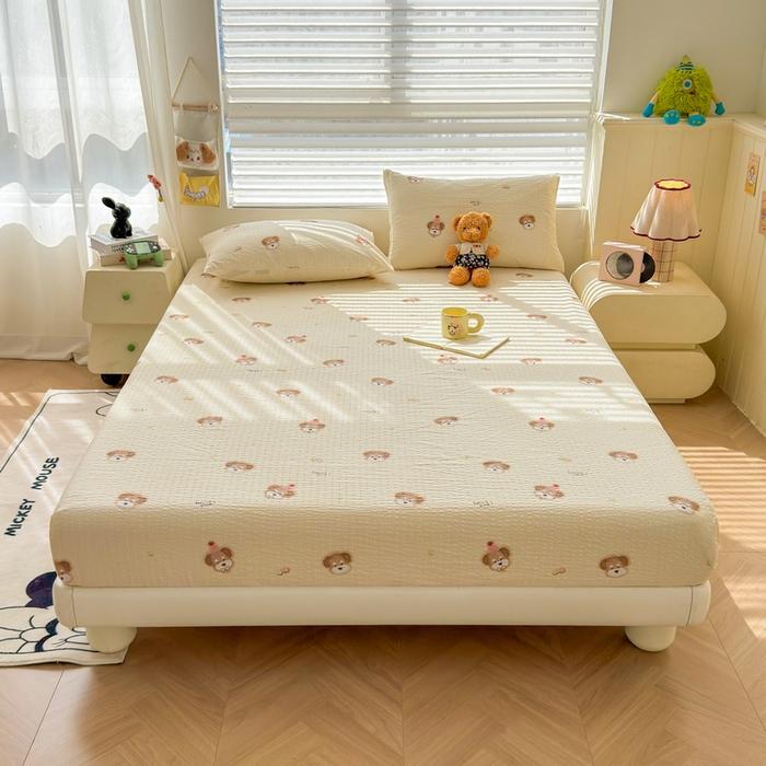 91家纺网 家纺一手货源 找家纺 梵朴 2026新款A类泡芙棉云感木棉邹邹纱双层纱床笠三件套 萌宠