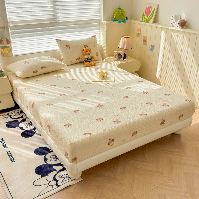 91家纺网 家纺一手货源 找家纺 梵朴 2026新款A类泡芙棉云感木棉邹邹纱双层纱床笠三件套 萌宠