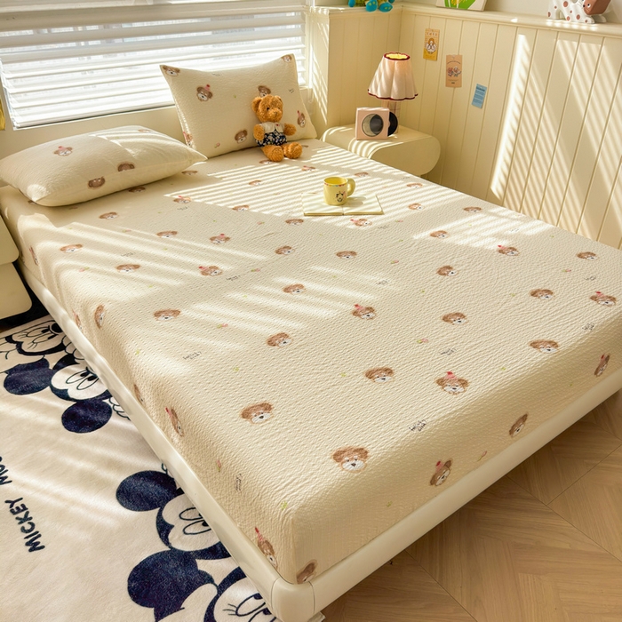 91家纺网 家纺一手货源 找家纺 梵朴 2026新款A类泡芙棉云感木棉邹邹纱双层纱床笠三件套 萌宠