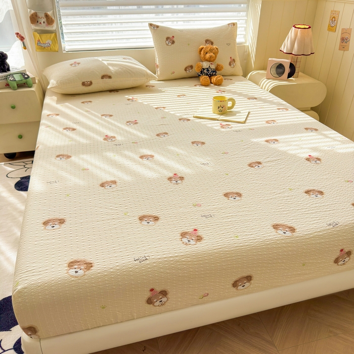 91家纺网 家纺一手货源 找家纺 梵朴 2026新款A类泡芙棉云感木棉邹邹纱双层纱床笠三件套 萌宠