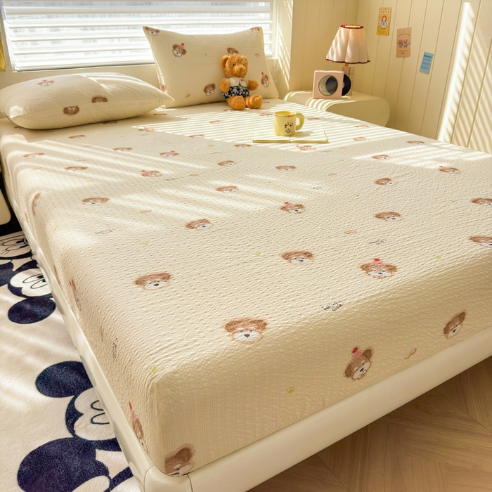 91家纺网 家纺一手货源 找家纺 梵朴 2026新款A类泡芙棉云感木棉邹邹纱双层纱床笠三件套 萌宠