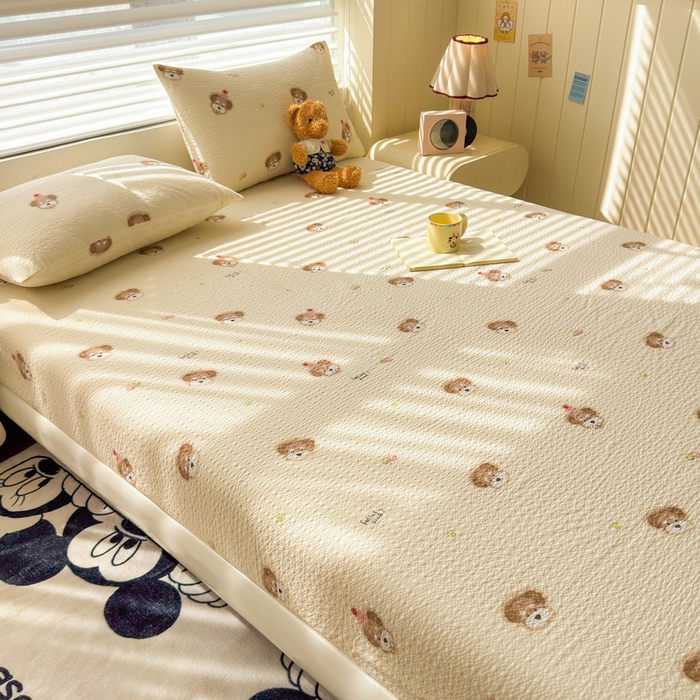 91家纺网 家纺一手货源 找家纺 梵朴 2026新款A类泡芙棉云感木棉邹邹纱双层纱床笠三件套 萌宠