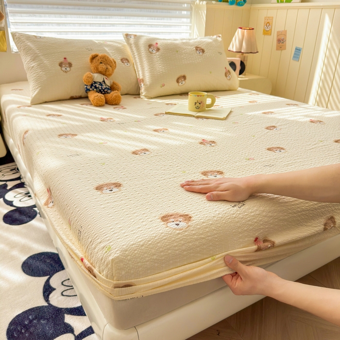 91家纺网 家纺一手货源 找家纺 梵朴 2026新款A类泡芙棉云感木棉邹邹纱双层纱床笠三件套 萌宠