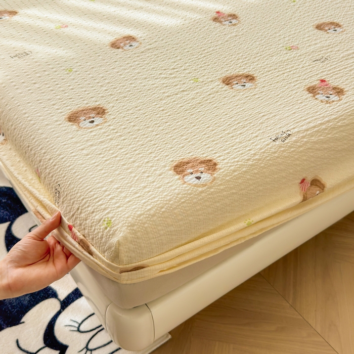 91家纺网 家纺一手货源 找家纺 梵朴 2026新款A类泡芙棉云感木棉邹邹纱双层纱床笠三件套 萌宠