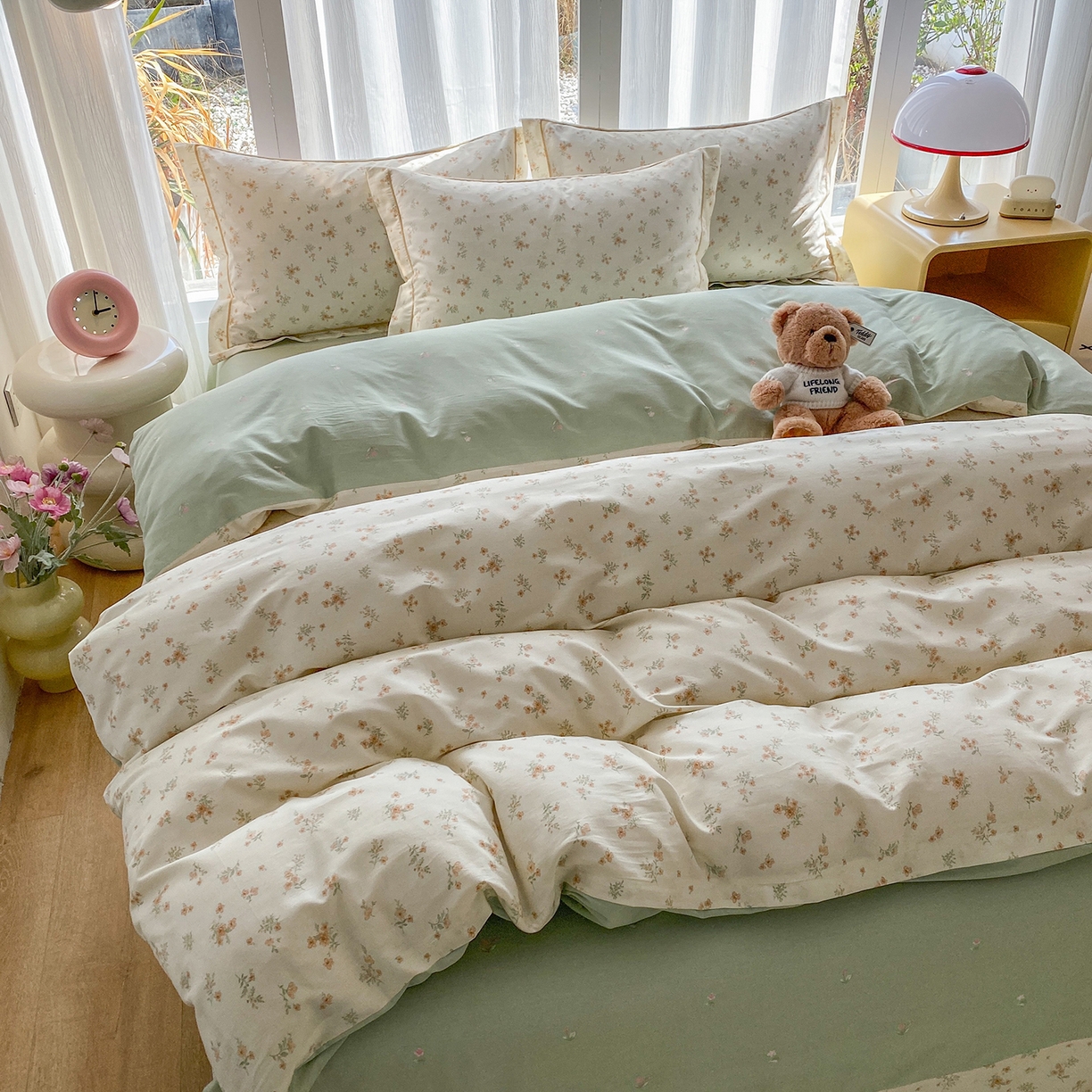 91家纺网 家纺一手货源 找家纺 钰锦铂2026新款直播爆款全棉四件套13070吊边床单一字绣印花纯棉三件套四件套 春茶弥香-桔