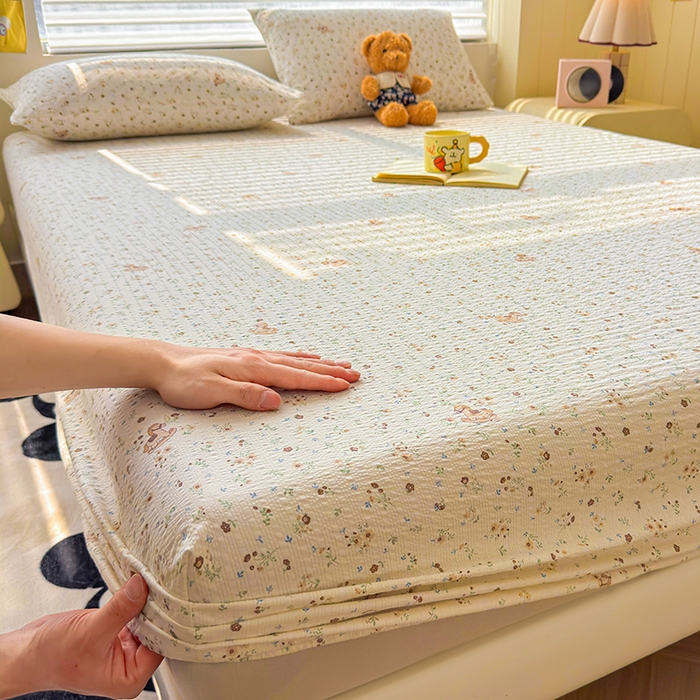 梵朴 2026新款A类泡芙棉云感木棉邹邹纱双层纱床笠三件套 木马小花