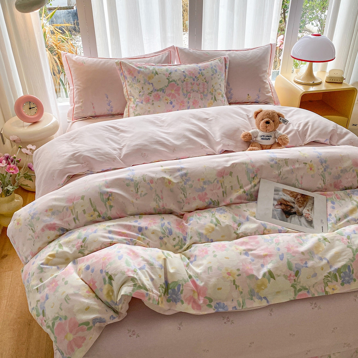 91家纺网 家纺一手货源 找家纺 钰锦铂2026新款直播爆款全棉四件套13070吊边床单一字绣印花纯棉三件套四件套 浣溪沙-粉