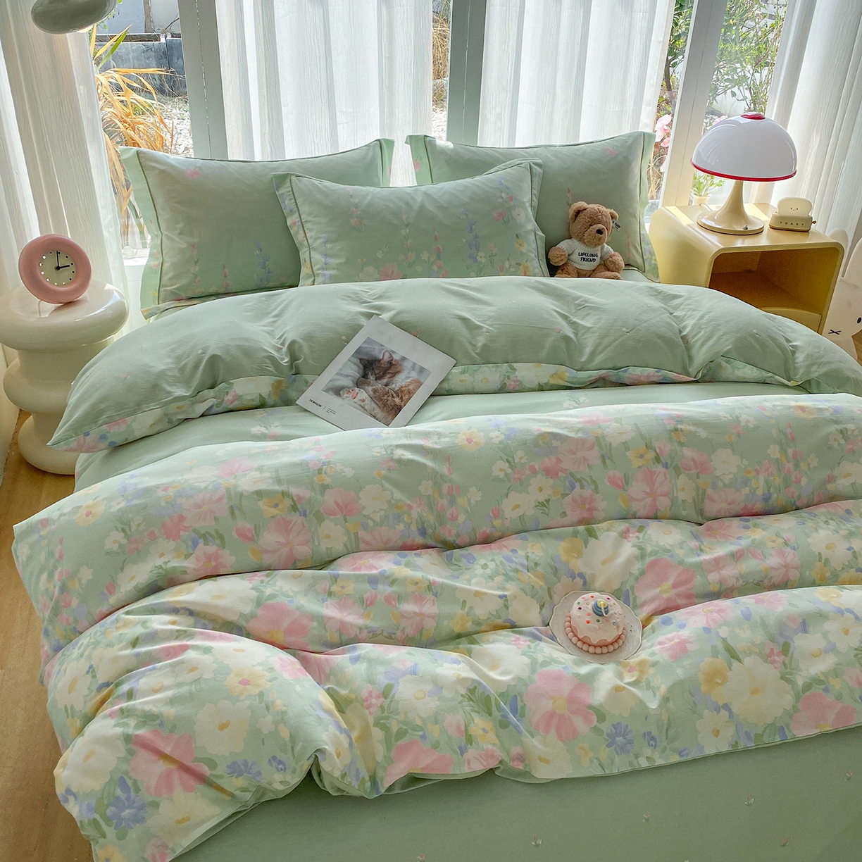 91家纺网 家纺一手货源 找家纺 钰锦铂2026新款直播爆款全棉四件套13070吊边床单一字绣印花纯棉三件套四件套 浣溪沙-绿