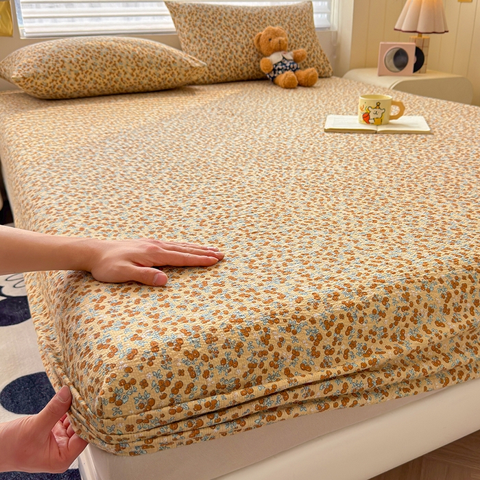 梵朴 2026新款A类泡芙棉云感木棉邹邹纱双层纱床笠三件套 暖檣枝