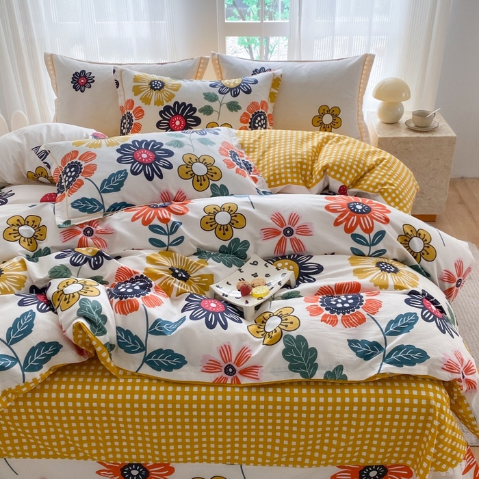 91家纺网 家纺一手货源 找家纺 钰锦铂2026新款直播爆款全棉四件套13070吊边床单一字绣印花纯棉三件套四件套 暖阳朵朵