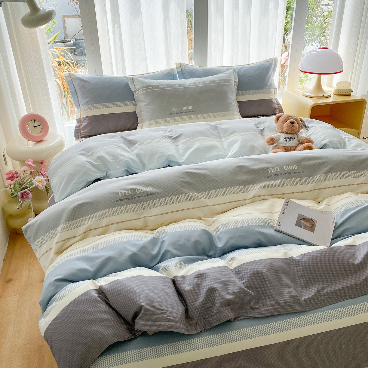 91家纺网 家纺一手货源 找家纺 钰锦铂2026新款直播爆款全棉四件套13070吊边床单一字绣印花纯棉三件套四件套 晴空月半—蓝