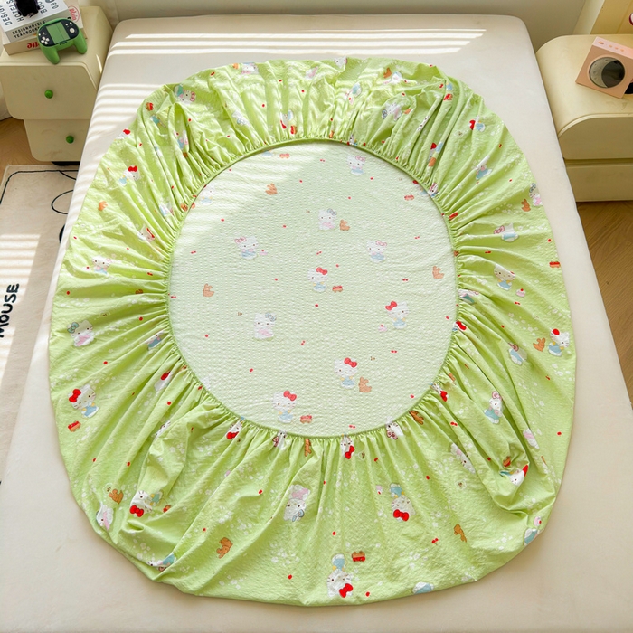 91家纺网 家纺一手货源 找家纺 梵朴 2026新款A类泡芙棉云感木棉邹邹纱双层纱床笠三件套 泡芙KT-绿