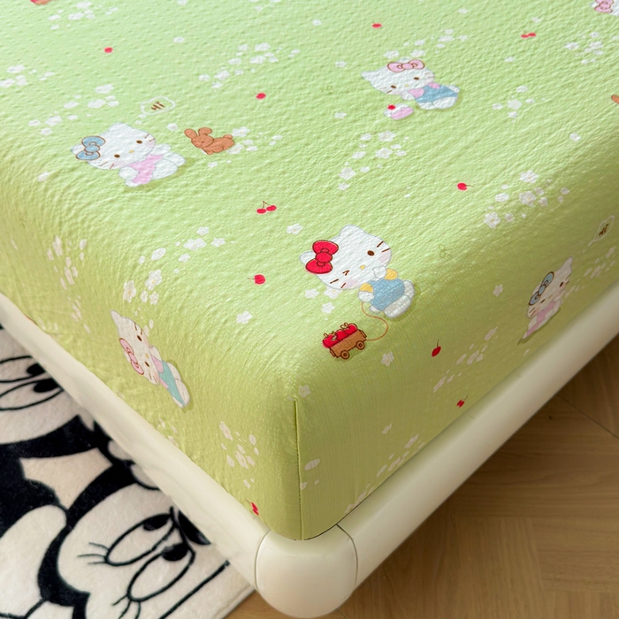 91家纺网 家纺一手货源 找家纺 梵朴 2026新款A类泡芙棉云感木棉邹邹纱双层纱床笠三件套 泡芙KT-绿