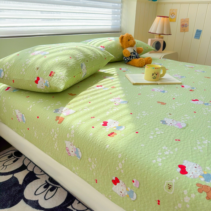 91家纺网 家纺一手货源 找家纺 梵朴 2026新款A类泡芙棉云感木棉邹邹纱双层纱床笠三件套 泡芙KT-绿