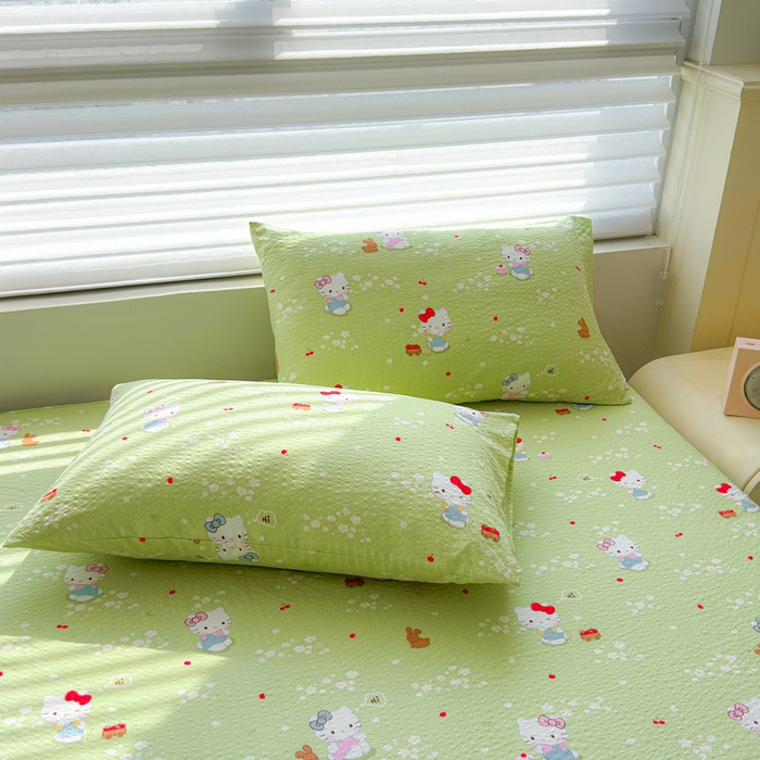 91家纺网 家纺一手货源 找家纺 梵朴 2026新款A类泡芙棉云感木棉邹邹纱双层纱床笠三件套 泡芙KT-绿