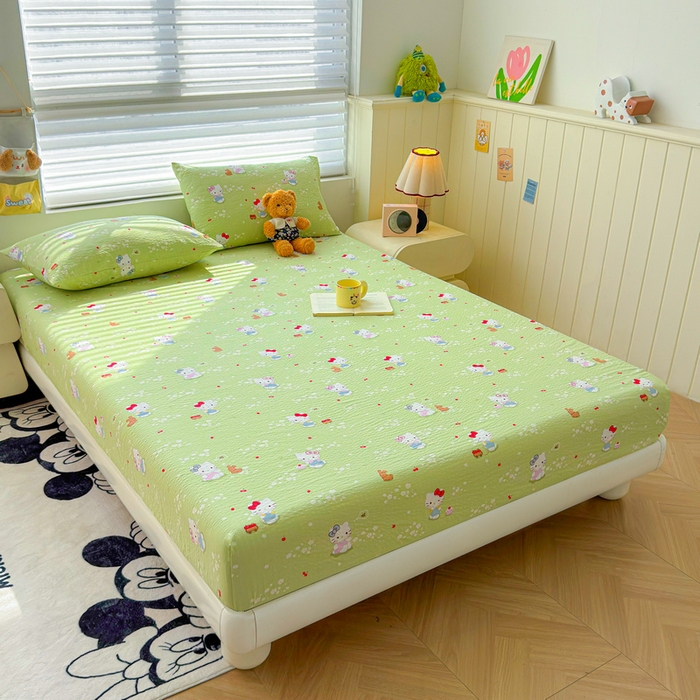 91家纺网 家纺一手货源 找家纺 梵朴 2026新款A类泡芙棉云感木棉邹邹纱双层纱床笠三件套 泡芙KT-绿