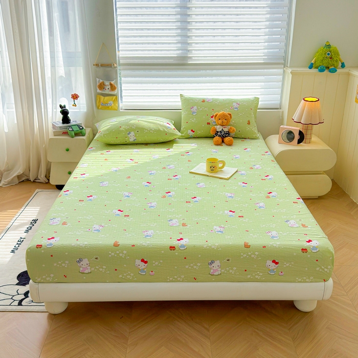 91家纺网 家纺一手货源 找家纺 梵朴 2026新款A类泡芙棉云感木棉邹邹纱双层纱床笠三件套 泡芙KT-绿