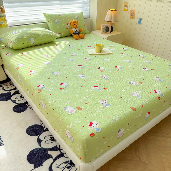 91家纺网 家纺一手货源 找家纺 梵朴 2026新款A类泡芙棉云感木棉邹邹纱双层纱床笠三件套 泡芙KT-绿