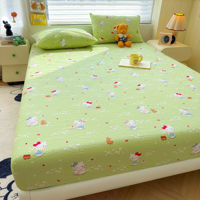 91家纺网 家纺一手货源 找家纺 梵朴 2026新款A类泡芙棉云感木棉邹邹纱双层纱床笠三件套 泡芙KT-绿