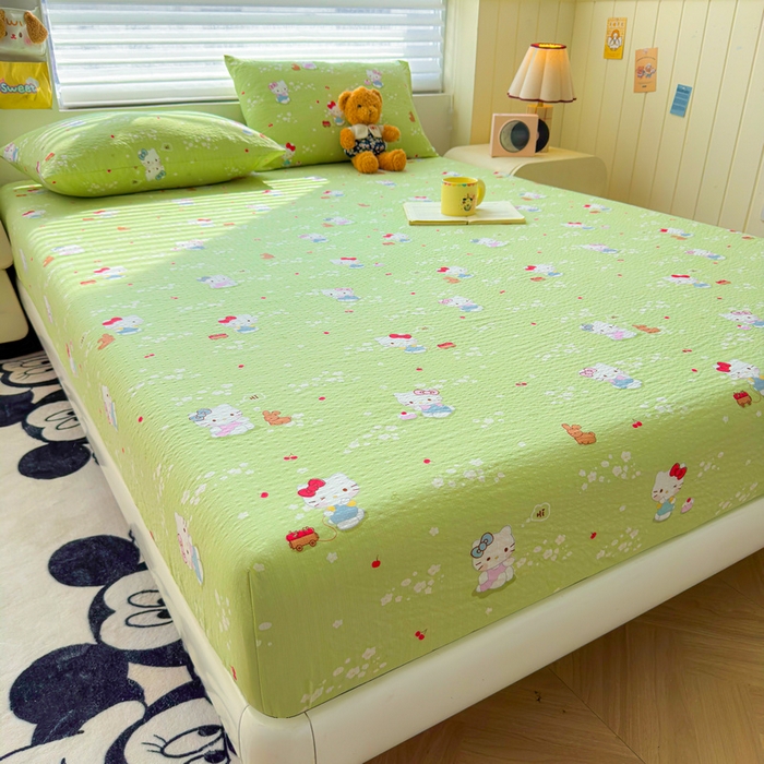 91家纺网 家纺一手货源 找家纺 梵朴 2026新款A类泡芙棉云感木棉邹邹纱双层纱床笠三件套 泡芙KT-绿