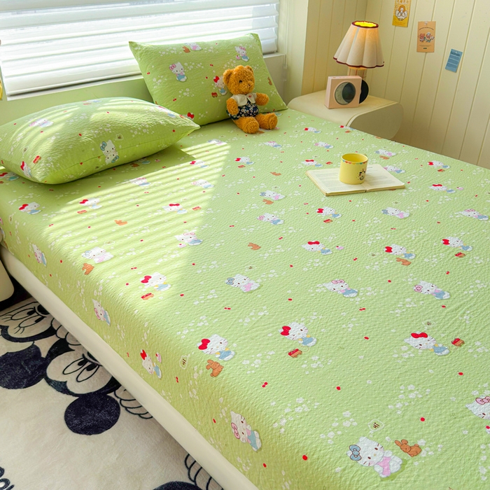 91家纺网 家纺一手货源 找家纺 梵朴 2026新款A类泡芙棉云感木棉邹邹纱双层纱床笠三件套 泡芙KT-绿