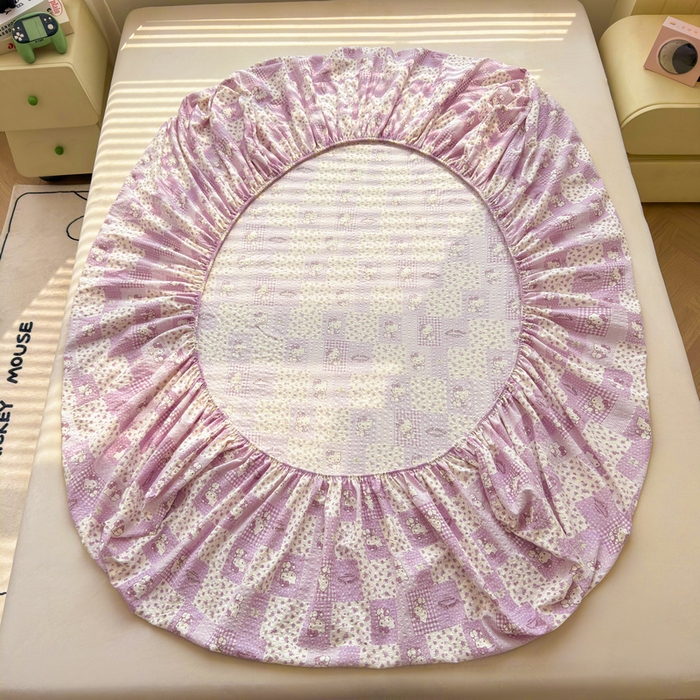 91家纺网 家纺一手货源 找家纺 梵朴 2026新款A类泡芙棉云感木棉邹邹纱双层纱床笠三件套 泡芙KT-紫