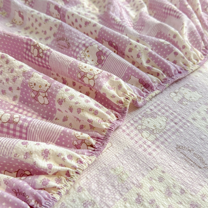 91家纺网 家纺一手货源 找家纺 梵朴 2026新款A类泡芙棉云感木棉邹邹纱双层纱床笠三件套 泡芙KT-紫