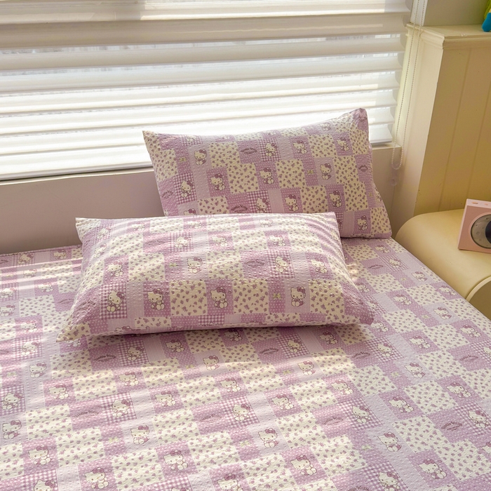 91家纺网 家纺一手货源 找家纺 梵朴 2026新款A类泡芙棉云感木棉邹邹纱双层纱床笠三件套 泡芙KT-紫