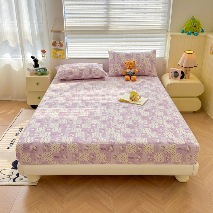 91家纺网 家纺一手货源 找家纺 梵朴 2026新款A类泡芙棉云感木棉邹邹纱双层纱床笠三件套 泡芙KT-紫