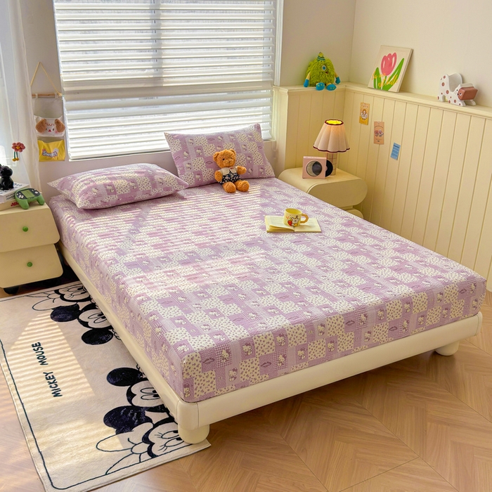 91家纺网 家纺一手货源 找家纺 梵朴 2026新款A类泡芙棉云感木棉邹邹纱双层纱床笠三件套 泡芙KT-紫