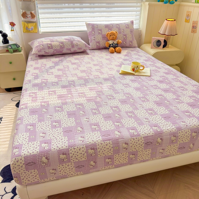 91家纺网 家纺一手货源 找家纺 梵朴 2026新款A类泡芙棉云感木棉邹邹纱双层纱床笠三件套 泡芙KT-紫