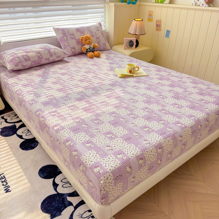 91家纺网 家纺一手货源 找家纺 梵朴 2026新款A类泡芙棉云感木棉邹邹纱双层纱床笠三件套 泡芙KT-紫