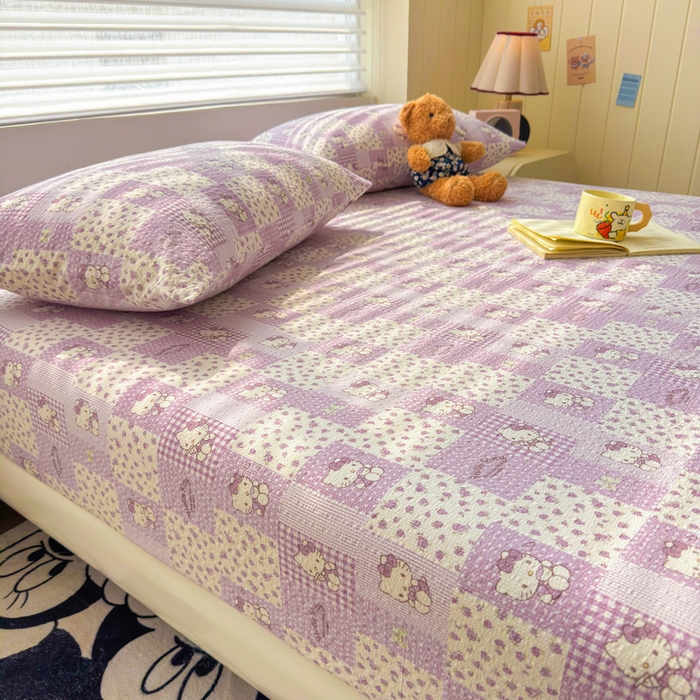 91家纺网 家纺一手货源 找家纺 梵朴 2026新款A类泡芙棉云感木棉邹邹纱双层纱床笠三件套 泡芙KT-紫