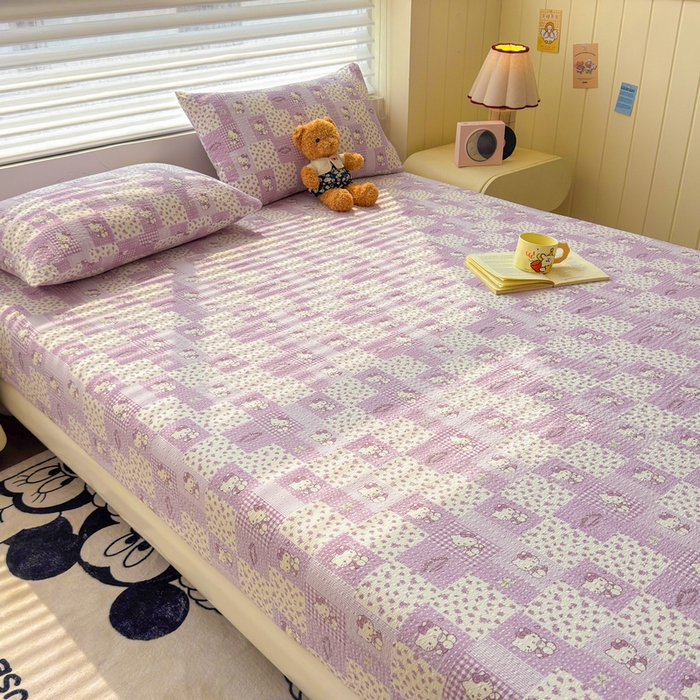 91家纺网 家纺一手货源 找家纺 梵朴 2026新款A类泡芙棉云感木棉邹邹纱双层纱床笠三件套 泡芙KT-紫