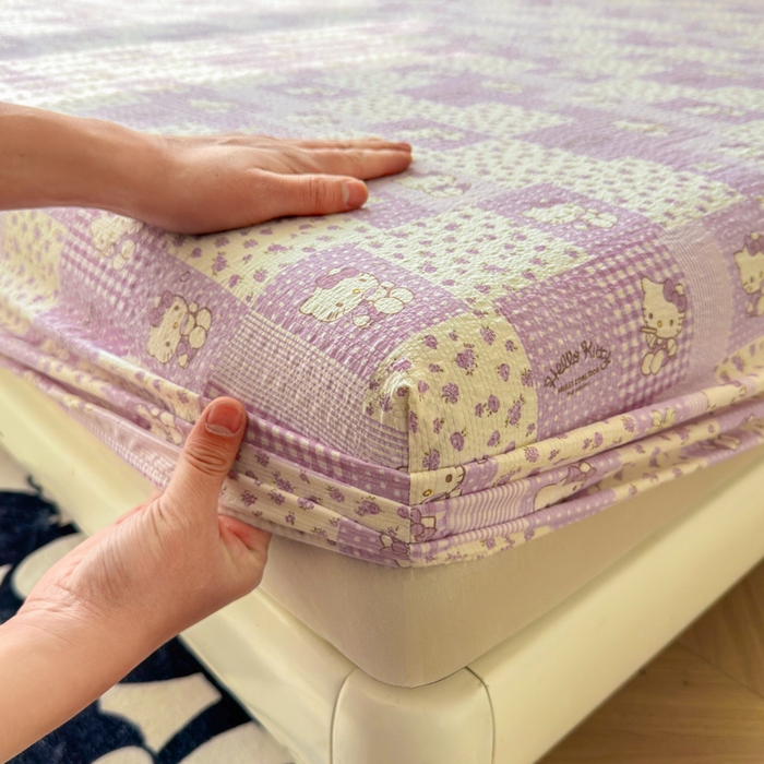 91家纺网 家纺一手货源 找家纺 梵朴 2026新款A类泡芙棉云感木棉邹邹纱双层纱床笠三件套 泡芙KT-紫