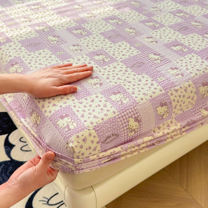 91家纺网 家纺一手货源 找家纺 梵朴 2026新款A类泡芙棉云感木棉邹邹纱双层纱床笠三件套 泡芙KT-紫