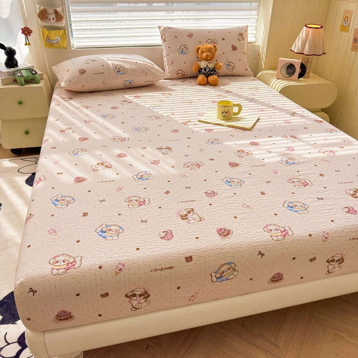 91家纺网 家纺一手货源 找家纺 梵朴 2026新款A类泡芙棉云感木棉邹邹纱双层纱床笠三件套 甜品萌狗