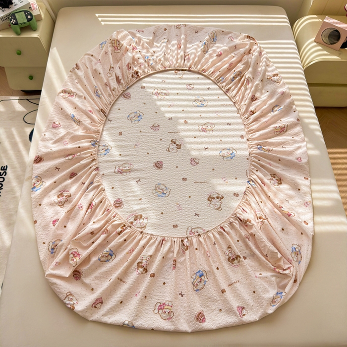 91家纺网 家纺一手货源 找家纺 梵朴 2026新款A类泡芙棉云感木棉邹邹纱双层纱床笠三件套 甜品萌狗