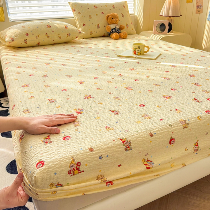 梵朴 2026新款A类泡芙棉云感木棉邹邹纱双层纱床笠三件套 星星玩偶黄