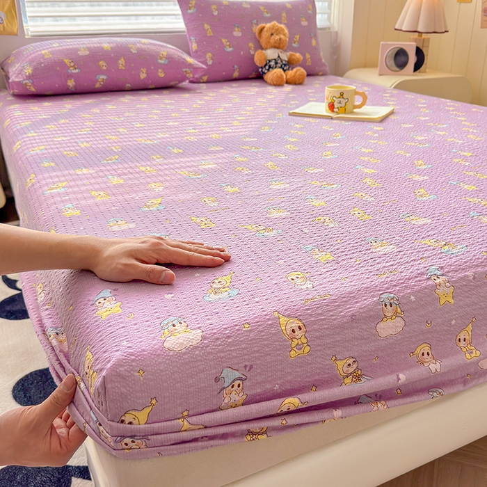 梵朴 2026新款A类泡芙棉云感木棉邹邹纱双层纱床笠三件套 星星玩偶紫